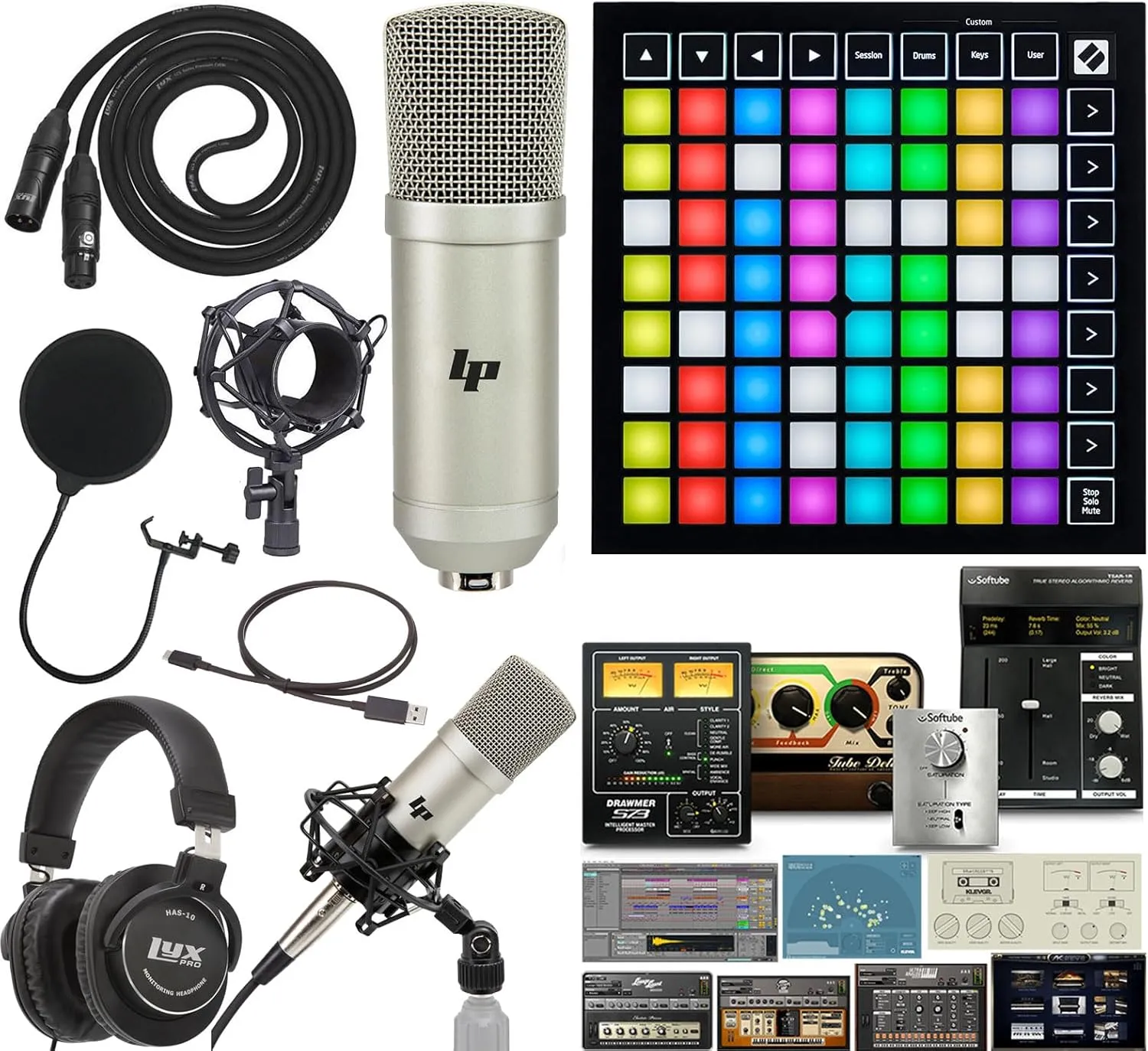 Novation Launchpad Mini MK3 64 RGB Pad Midi Grid Controller For Ableton Live with Creative Music Software Kit and Professional Studio Recording Condenser Microphone and Kit
