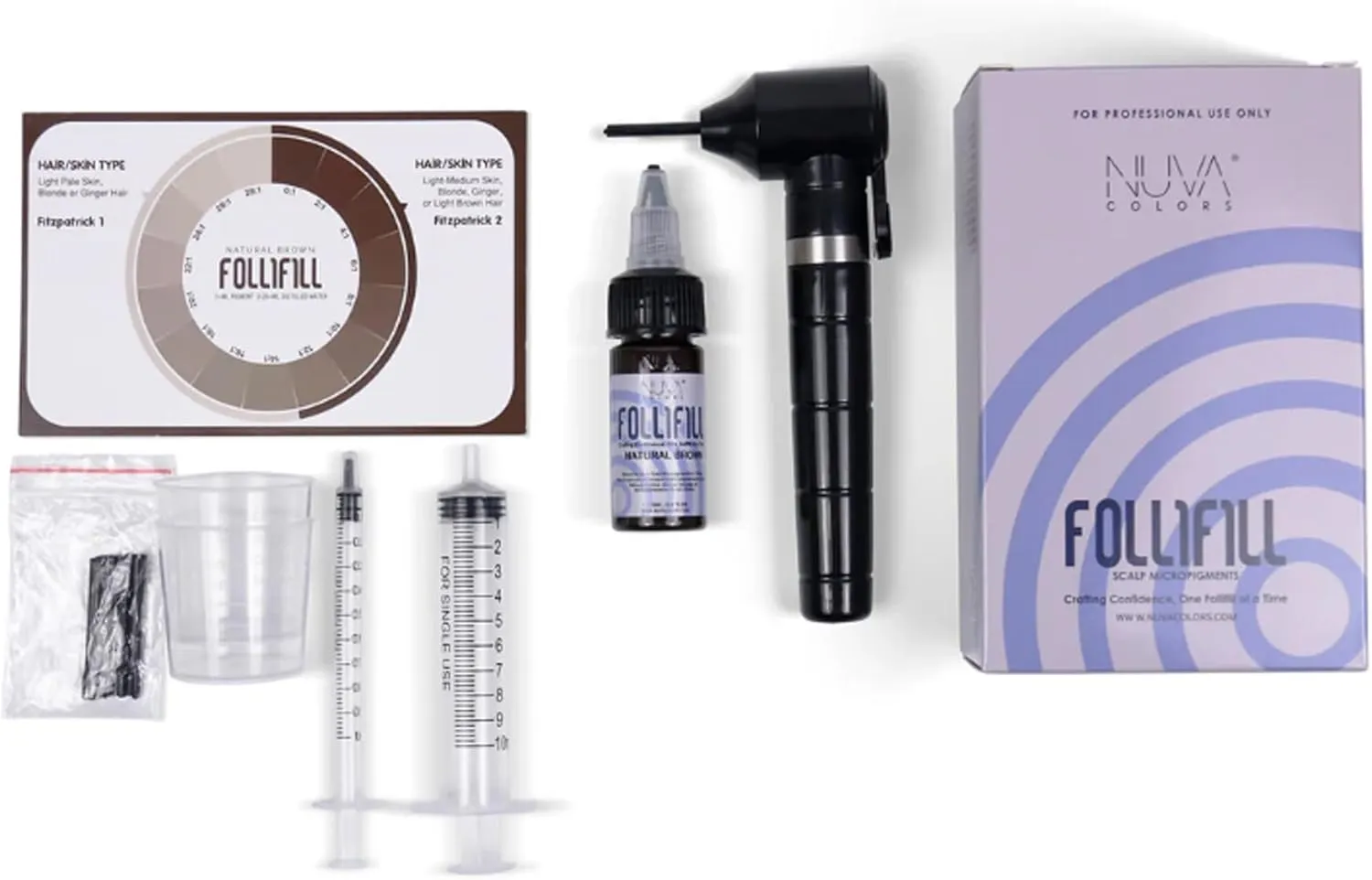 Nuva Follifill SMP Pigment Kit – Deepest Scalp Micropigmentation Ink with Superior Retention, 15ml Bottle for 50  Treatments, Includes Mixer, Syringes, Cups & Diluting Chart, Brown