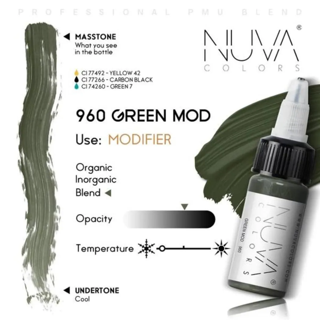 Nuva Permanent Makeup Modifier Colors, Professional Tattoo Ink for Flawless Results, Vegan & Skin-Safe (Green Modifier)
