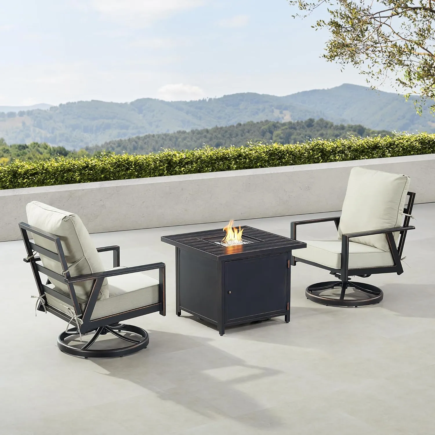 Oakland Living Black Aluminum Patio Fire Table Bistro Set with Two Club Chairs with Light Grey Cushions