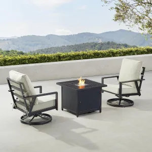 Oakland Living Black Aluminum Patio Fire Table Bistro Set with Two Club Chairs with Light Grey Cushions