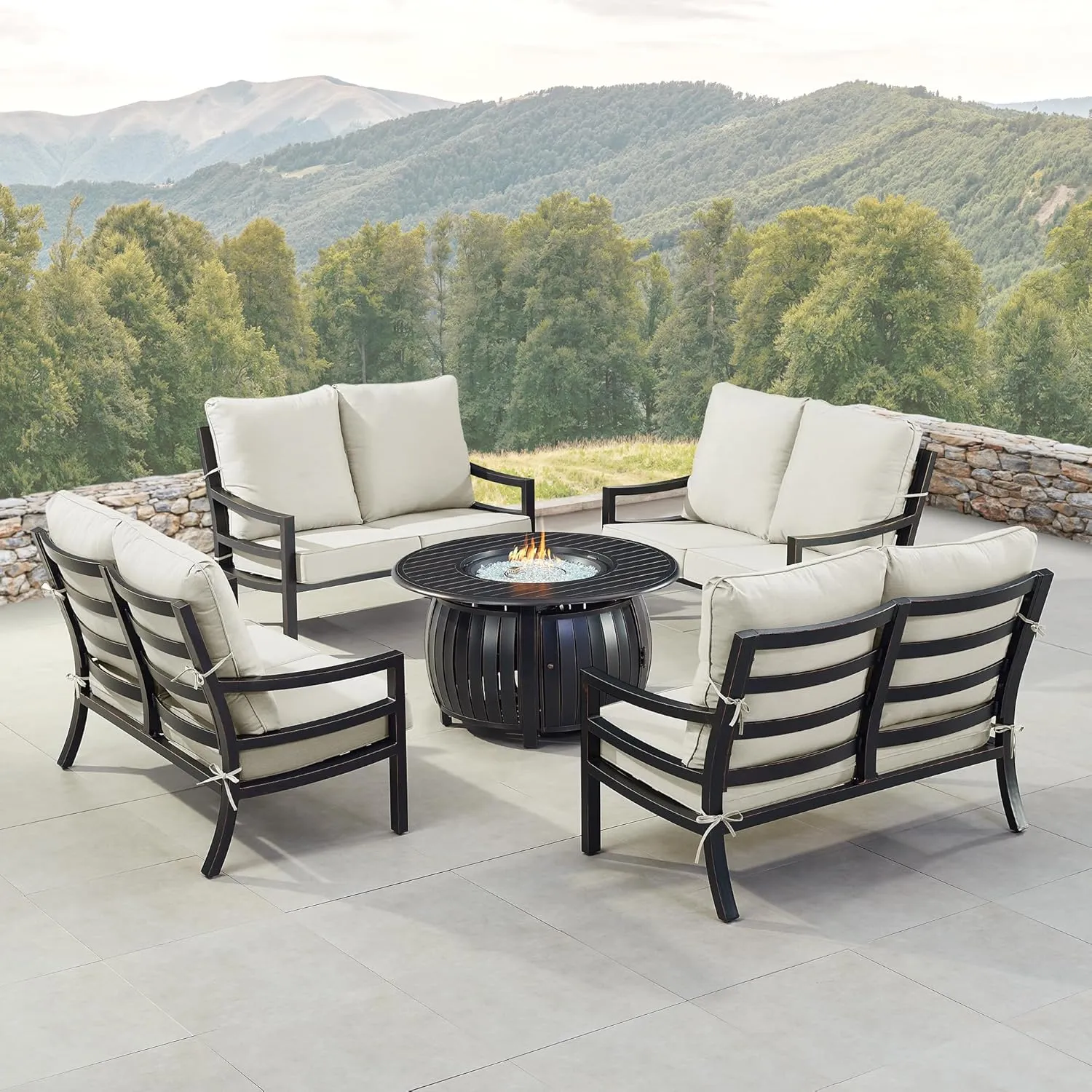 Oakland Living Black Aluminum Patio Fire Table Set with Four Deep Seating Loveseat with Cushions with Light Grey Cushions
