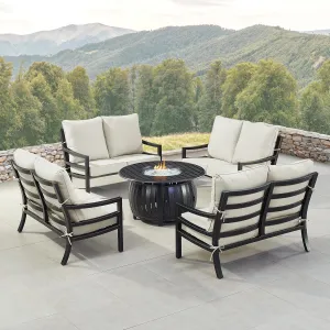 Oakland Living Black Aluminum Patio Fire Table Set with Four Deep Seating Loveseat with Cushions with Light Grey Cushions