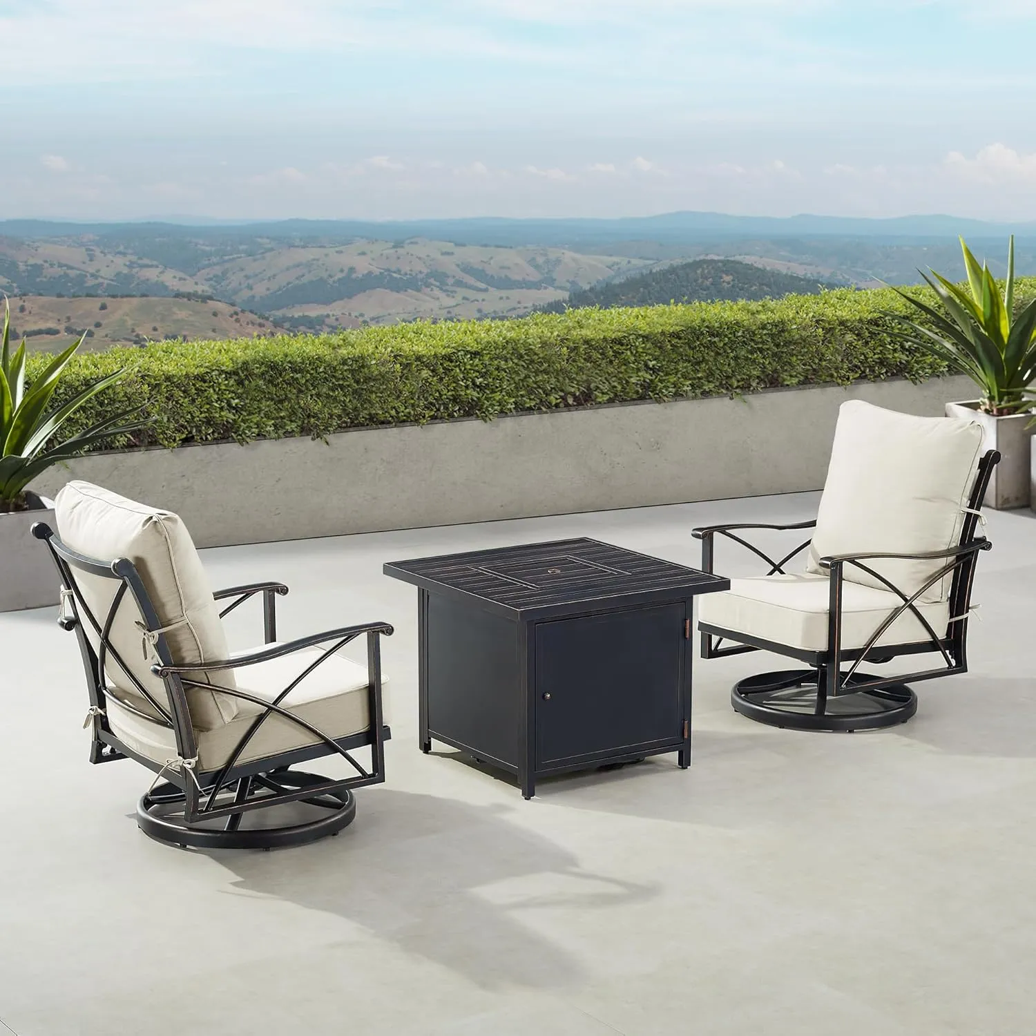 Oakland Living Black Aluminum Square Patio Fire Table Bistro Set with Two Club Chairs, Cushions, Covers and Glass Beads