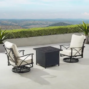 Oakland Living Black Aluminum Square Patio Fire Table Bistro Set with Two Club Chairs, Cushions, Covers and Glass Beads