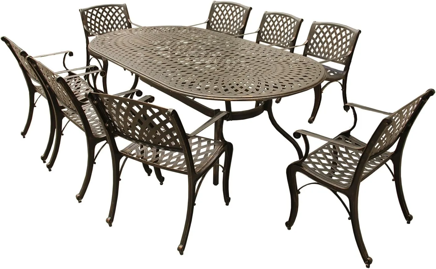 Oakland Living Contemporary Modern Outdoor Mesh Lattice Aluminum 95 inch Bronze Oval Dining Set with Eight Arm Chairs