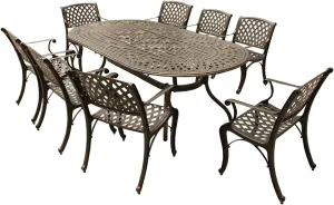 Oakland Living Contemporary Modern Outdoor Mesh Lattice Aluminum 95 inch Bronze Oval Dining Set with Eight Arm Chairs