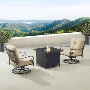 Oakland Living POPPY-2CH-CHOLULA-TNCU-AC Black Aluminum Patio Fire Table Bistro Set with Two Club Chairs, Antique Copper