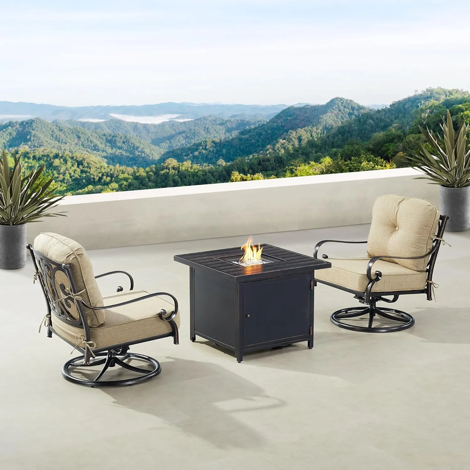 Oakland Living POPPY-2CH-CHOLULA-TNCU-AC Black Aluminum Patio Fire Table Bistro Set with Two Club Chairs, Antique Copper