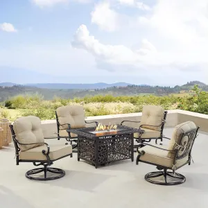 Oakland Living POPPY-4CH-CABOS-TNCU-AC Black Aluminum Patio Fire Table Set with Four Club Chairs, Antique Copper