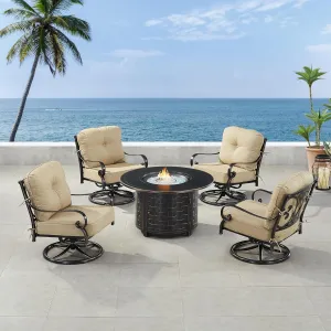 Oakland Living POPPY-4CH-RICO-TNCU-IB-AC Black Aluminum Patio Fire Table Set with Four Club Chairs, Antique Copper