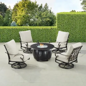 Oakland Living RICA-4CH-ITALY-LGCU-IB-AC Black Aluminum Patio Fire Table Set with Four Club Chairs, Antique Copper