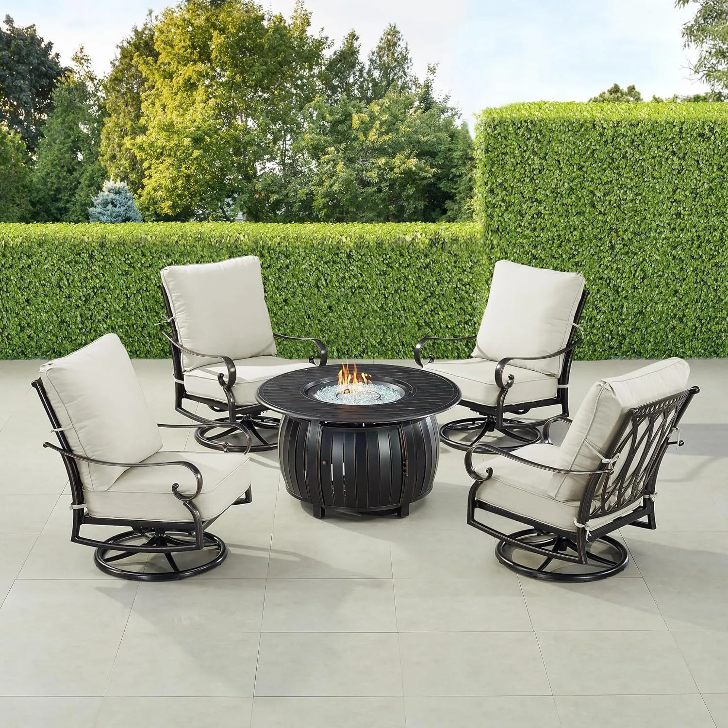 Oakland Living RICA-4CH-ITALY-LGCU-IB-AC Black Aluminum Patio Fire Table Set with Four Club Chairs, Antique Copper