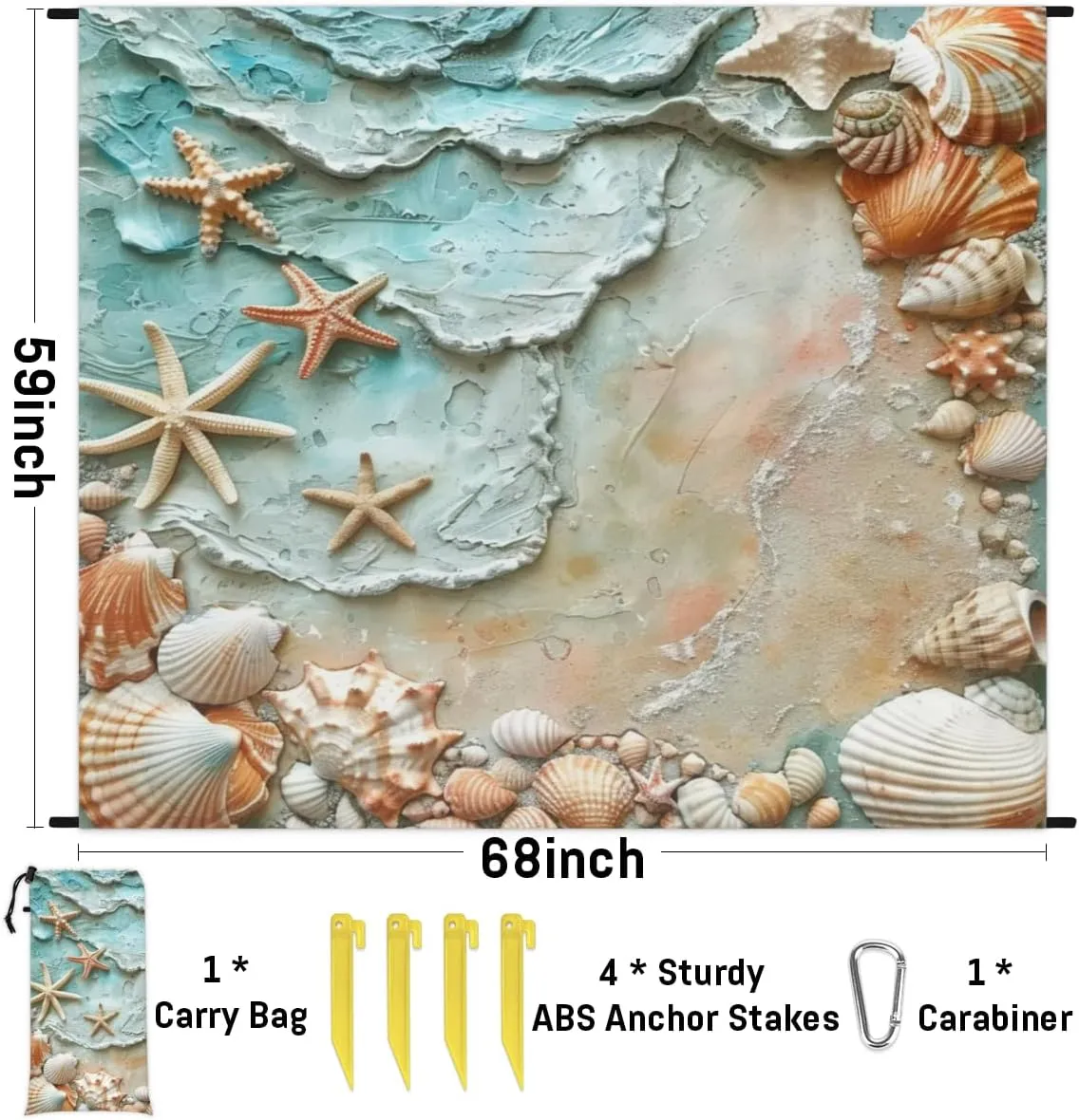 Ocean Beach Beach Blanket, Sandproof Beach Mat, Adults Waterproof Quick Drying Sand Free Mat with 4 x Ground Spikes for Outdoor Travel Camping Hiking, Starfish Shell