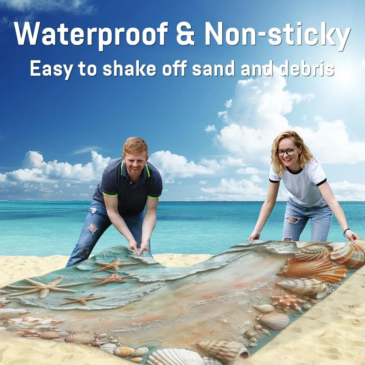 Ocean Beach Beach Blanket, Sandproof Beach Mat, Adults Waterproof Quick Drying Sand Free Mat with 4 x Ground Spikes for Outdoor Travel Camping Hiking, Starfish Shell