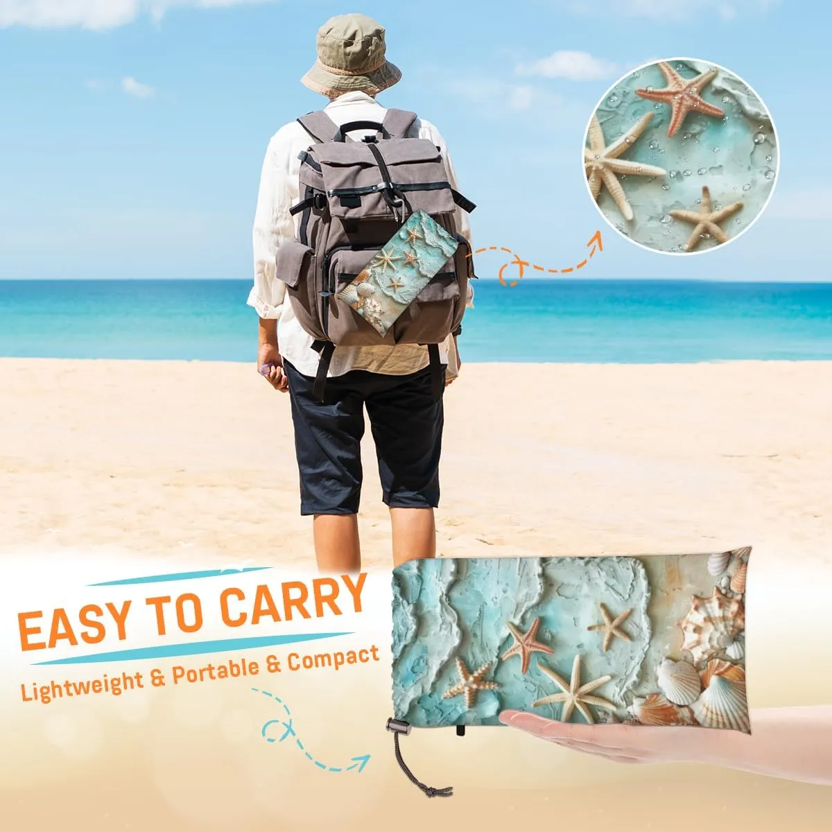 Ocean Beach Beach Blanket, Sandproof Beach Mat, Adults Waterproof Quick Drying Sand Free Mat with 4 x Ground Spikes for Outdoor Travel Camping Hiking, Starfish Shell