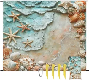 Ocean Beach Beach Blanket, Sandproof Beach Mat, Adults Waterproof Quick Drying Sand Free Mat with 4 x Ground Spikes for Outdoor Travel Camping Hiking, Starfish Shell