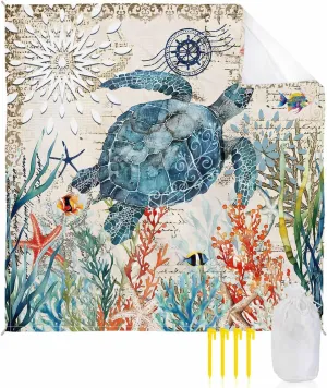 Ocean Beach Blanket Waterproof Sandproof 108"x84", Vintage Turtle Seagrass Coral Starfish Oversized Beach Mat with 4 Corner Sand Pocket & 4 Stakes, Compact Outdoor Picnic Mat for Camping Travel