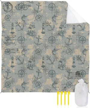 Ocean Sailboats Beach Blanket Oversized with Stakes Waterproof Sandproof Beach Mat with Corner Pockets for Outdoor Travel Camping Hiking Picnic Essentials,Vintage Anchors Compasses Maps 118"x108"