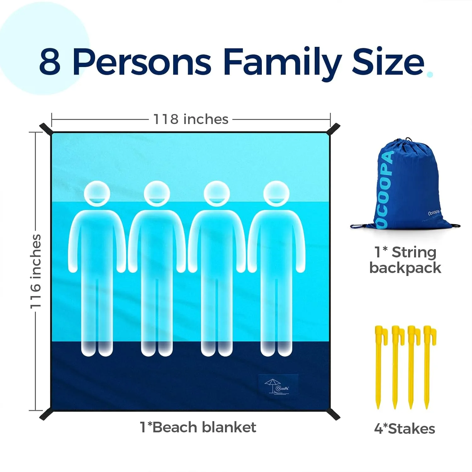 OCOOPA Beach Blanket, Extra Large Sandproof Waterproof, Picnic Mat, 8 Persons Family Size, Sand Free, Comfortable, Durable Parachute Nylon 210T, Lightweight, 4 Stakes&1 Travel Bag, S09