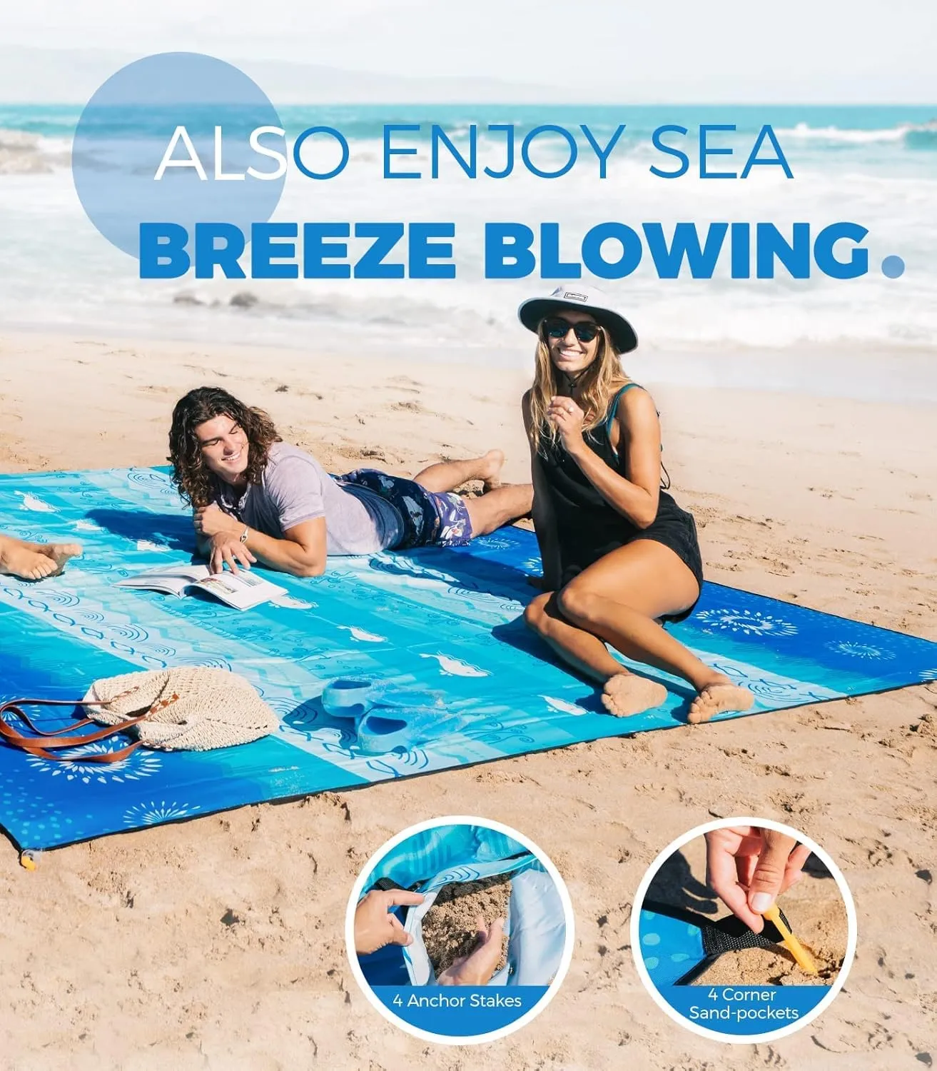OCOOPA Diveblues Beach Blanket, Sand Free Mat Quick Drying, Large and Compact, Easy Carring, Perfect for Beach Yoga, Outdoor Music Festival, Travel Camping Gifts