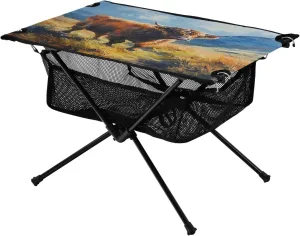 Oil Highland Cattle Portable Folding Camping Table, Compact Lightweight Beach Table with Carrying Bag for Outdoor Picnics, BBQs, Camp