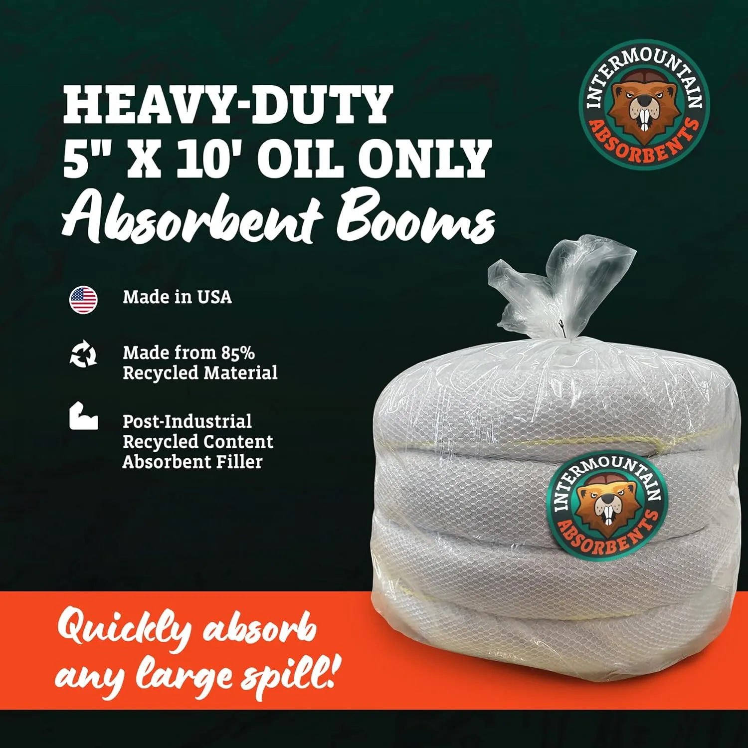 Oil Only Absorbent Boom - Oil Absorbent Booms, Absorbs Oil, Hydrocarbons & Repels Water, Oil Boom with Linking Clips & Rings for Water Deployment, 5" x 10' (4 Pack)