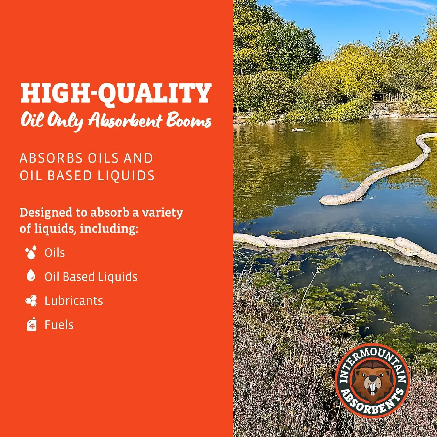 Oil Only Absorbent Boom - Oil Absorbent Booms, Absorbs Oil, Hydrocarbons & Repels Water, Oil Boom with Linking Clips & Rings for Water Deployment, 5" x 10' (4 Pack)
