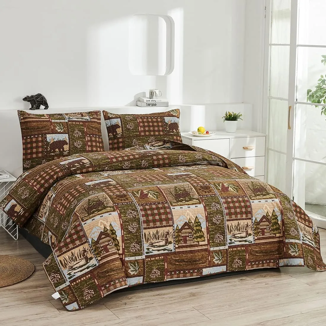 Oliven Cabin Bedding Quilt Queen/Full Size Lodge Patchwork Quilt Set Rustic Bedspread Forest Huts Bear Duck Pine Cone Coverlet Summer Lightweight Plaid Bed Cover Pillow Shams