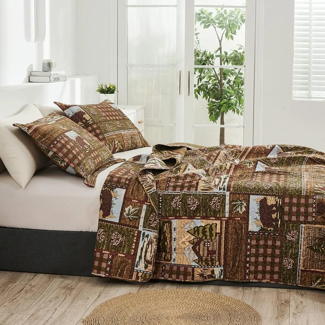 Oliven Cabin Bedding Quilt Queen/Full Size Lodge Patchwork Quilt Set Rustic Bedspread Forest Huts Bear Duck Pine Cone Coverlet Summer Lightweight Plaid Bed Cover Pillow Shams