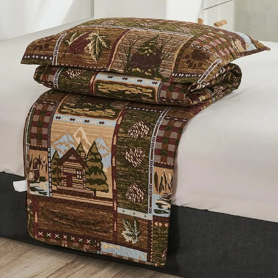 Oliven Cabin Bedding Quilt Queen/Full Size Lodge Patchwork Quilt Set Rustic Bedspread Forest Huts Bear Duck Pine Cone Coverlet Summer Lightweight Plaid Bed Cover Pillow Shams