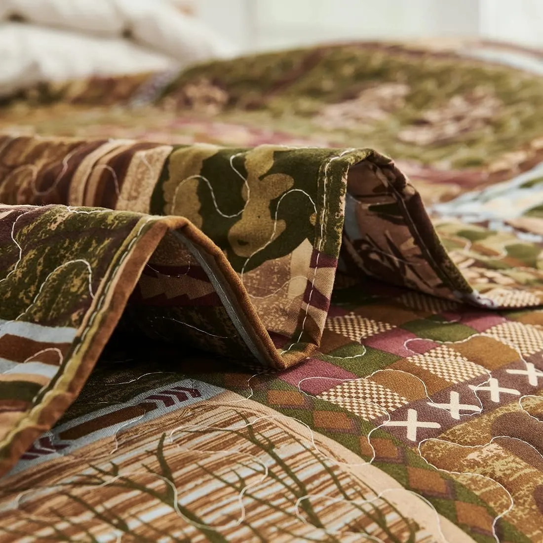 Oliven Cabin Bedding Quilt Queen/Full Size Lodge Patchwork Quilt Set Rustic Bedspread Forest Huts Bear Duck Pine Cone Coverlet Summer Lightweight Plaid Bed Cover Pillow Shams