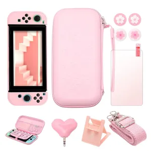 OLYGIVE Switch Pink Accessories, Carrying Case for Switch, Cute Thumb Grips, Headphone Adapter, Desktop Stand, Screen Protector, Wrist Strap and Shoulder Strap