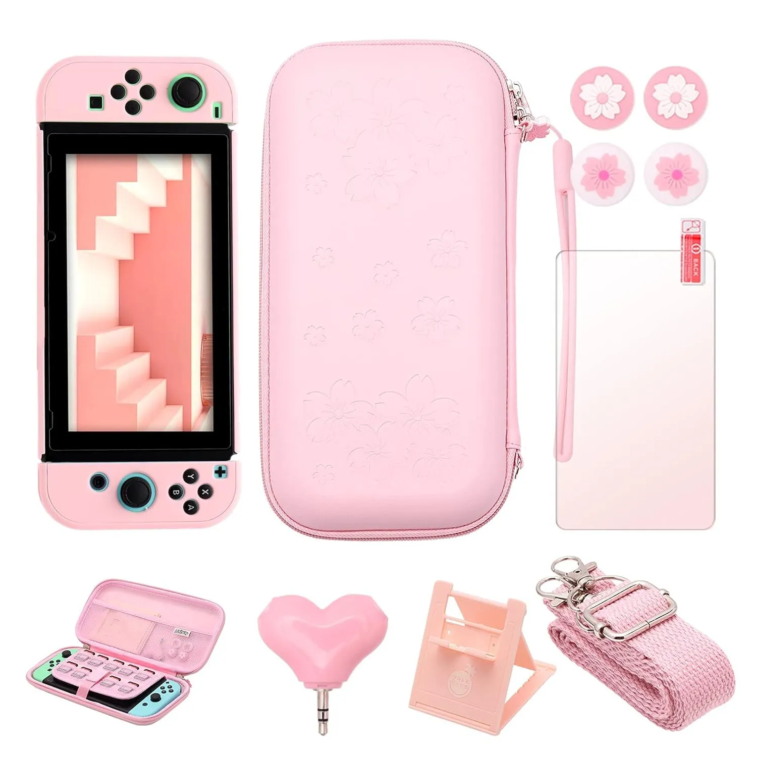 OLYGIVE Switch Pink Accessories, Carrying Case for Switch, Cute Thumb Grips, Headphone Adapter, Desktop Stand, Screen Protector, Wrist Strap and Shoulder Strap