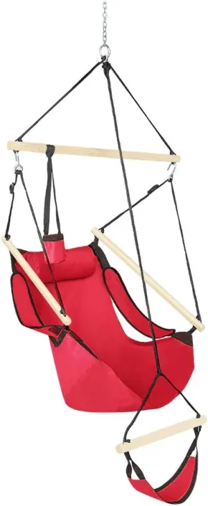 ONCLOUD Hammock Chair Hanging Swing Seat Air Deluxe Rope Through Beech Wood Bars, Drink Holder & Fuller Pillow Safer Relax for Indoor Outdoor 250Lbs, Red