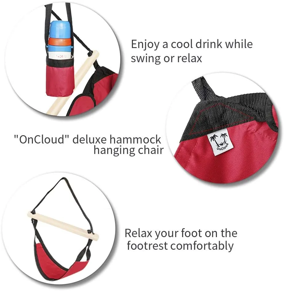 ONCLOUD Hammock Chair Hanging Swing Seat Air Deluxe Rope Through Beech Wood Bars, Drink Holder & Fuller Pillow Safer Relax for Indoor Outdoor 250Lbs, Red