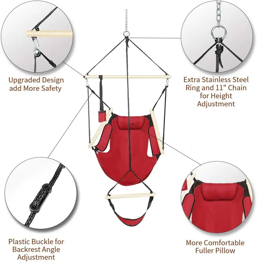 ONCLOUD Hammock Chair Hanging Swing Seat Air Deluxe Rope Through Beech Wood Bars, Drink Holder & Fuller Pillow Safer Relax for Indoor Outdoor 250Lbs, Red