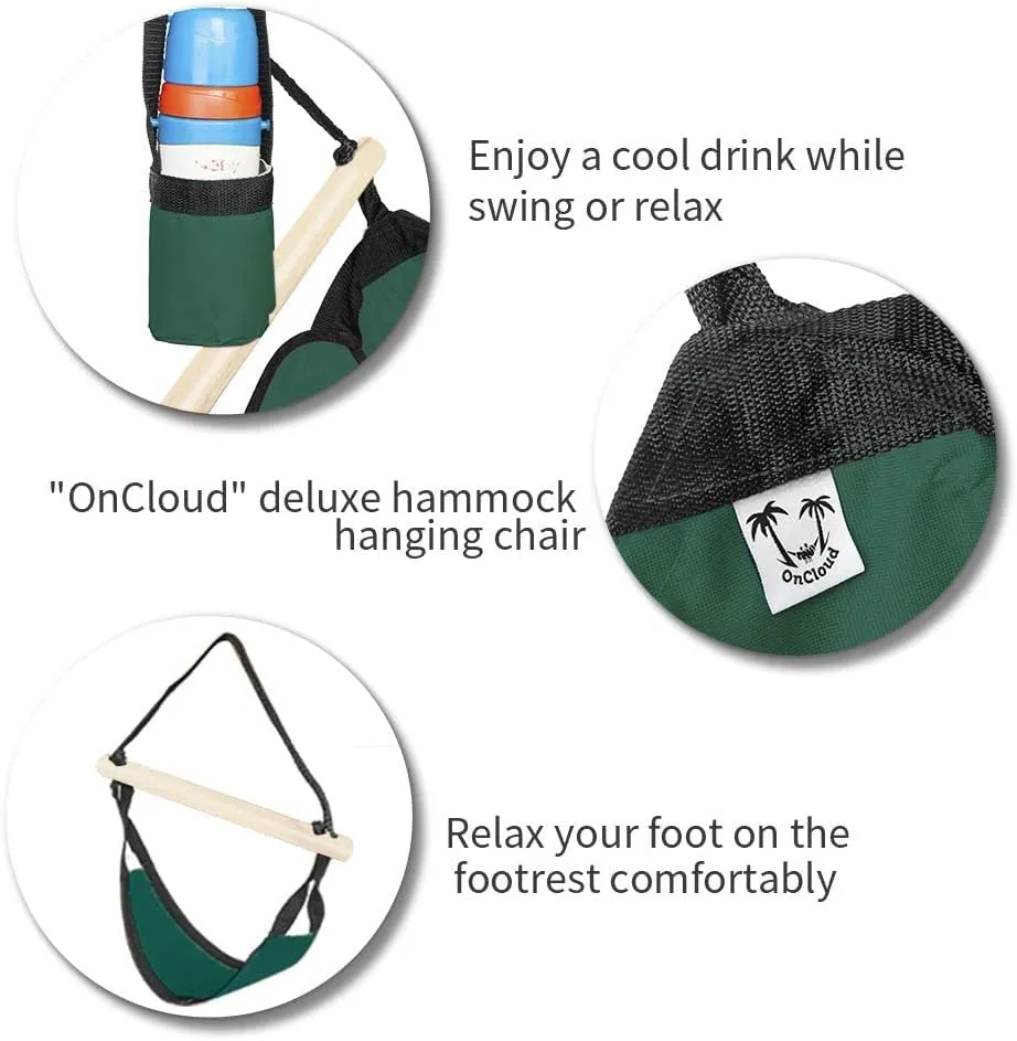ONCLOUD Upgraded Unique Hammock Sky Chair, Air Deluxe Hanging Swing Seat with Rope Through The Bars Safer Relax with Drink Holder & Fuller Pillow Beech Wood Indoor Outdoor Patio Yard 250LBS (Green)