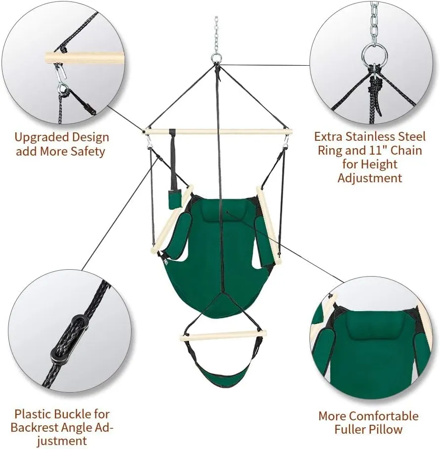 ONCLOUD Upgraded Unique Hammock Sky Chair, Air Deluxe Hanging Swing Seat with Rope Through The Bars Safer Relax with Drink Holder & Fuller Pillow Beech Wood Indoor Outdoor Patio Yard 250LBS (Green)