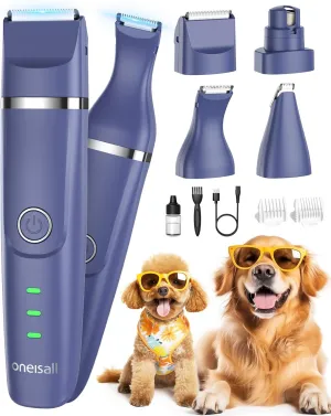 oneisall 4-in-1 Cordless Dog Grooming Kit with 2-Speed Clippers, Low Noise Paw Trimmer & Rechargeable Quiet Nail Grinder for Dogs and Cats （Blue）