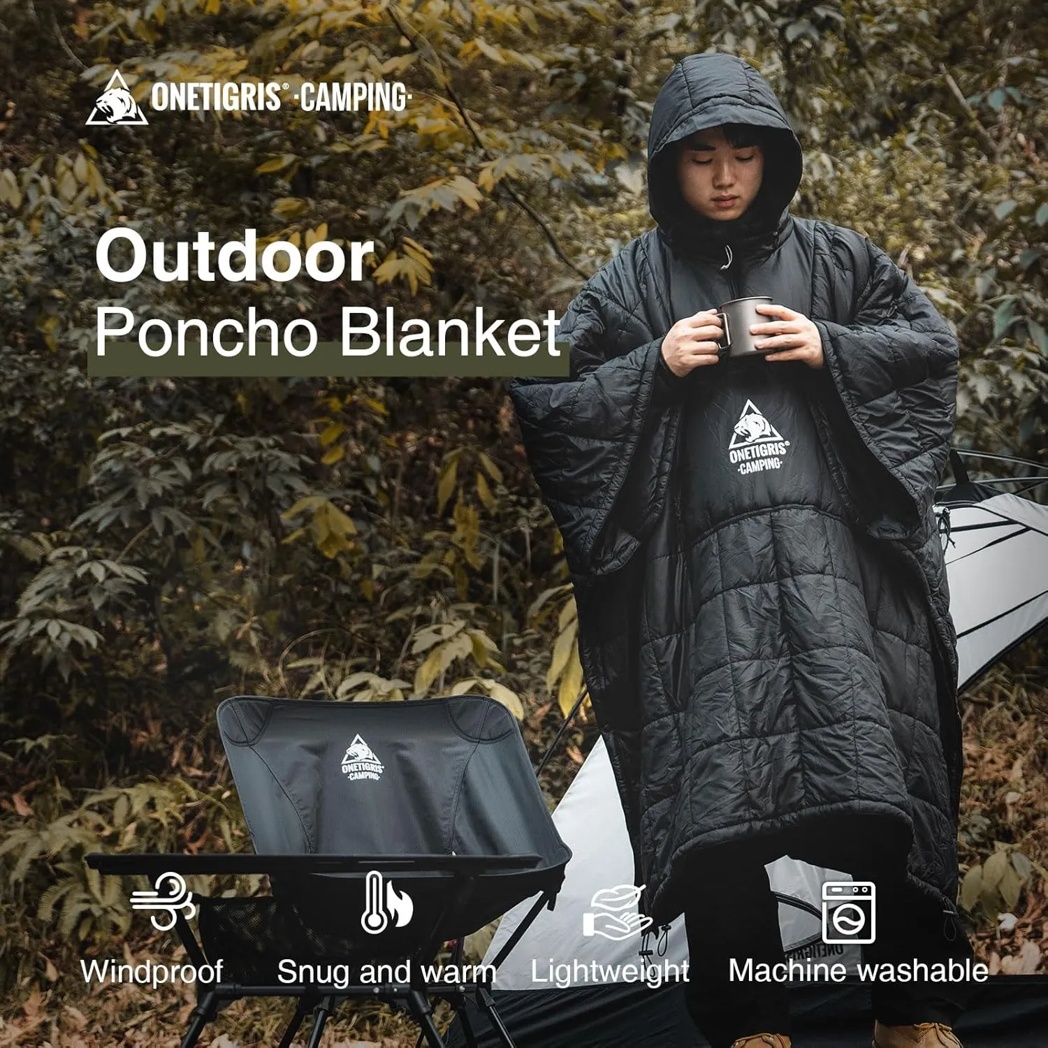 OneTigris Camping Blanket Honcho Poncho with 3M Thinsulate Insulation,Wearable Sleeping Bag Poncho for Camping Large Ultralight Water-Resisitant Warm Wearable Blanket for Outdoor Camping,Hiking