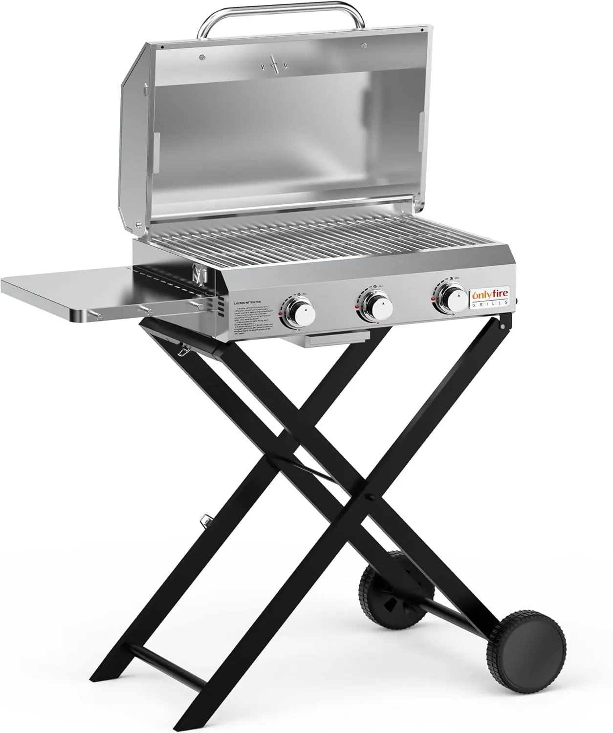 Onlyfire BBQ Gas Grill 3-Burner with Foldable Cart & Side Table, Portable Propane Grill with Lid for Outdoor Patio Backyard Barbecue Camping Tailgating RV Trip, Stainless Steel, GS308
