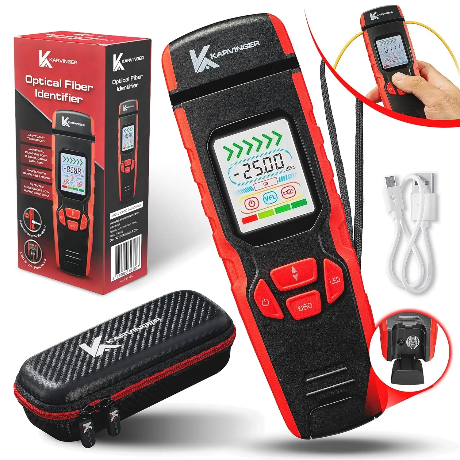 Optical Fiber Identifier with EasyClamp Technology - Professional OFI Traffic Identifier Tool with 850 to 1700nm Wave Response - Live Fiber Detection