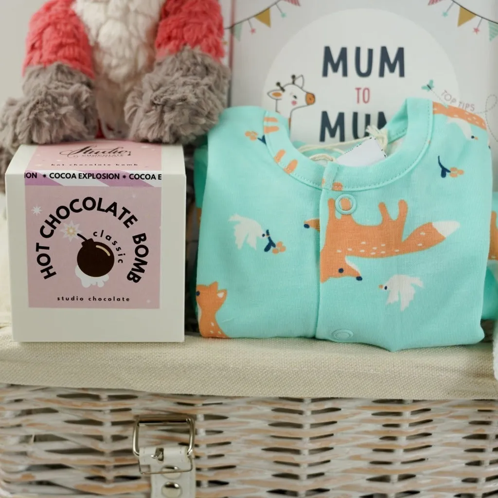 Organic Baby Hamper Basket And New Mum Gift, Corporate Baby Hamper, Fox And Dove Organic Clothing, Baby Sleep Bag, Fox Soft Toy