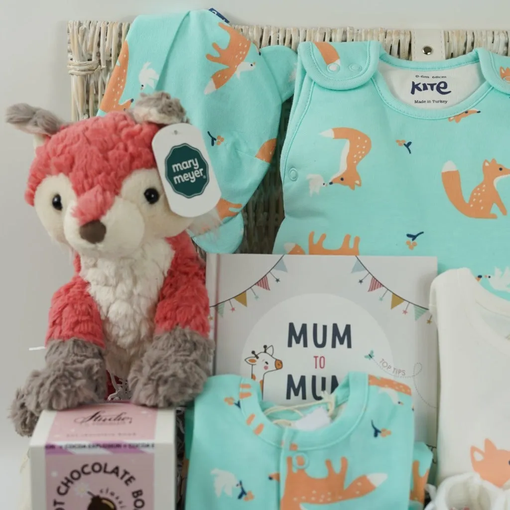 Organic Baby Hamper Basket And New Mum Gift, Corporate Baby Hamper, Fox And Dove Organic Clothing, Baby Sleep Bag, Fox Soft Toy