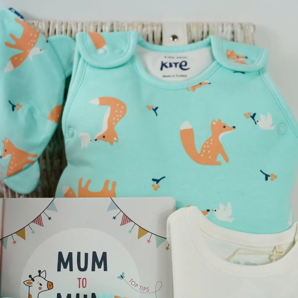 Organic Baby Hamper Basket And New Mum Gift, Corporate Baby Hamper, Fox And Dove Organic Clothing, Baby Sleep Bag, Fox Soft Toy