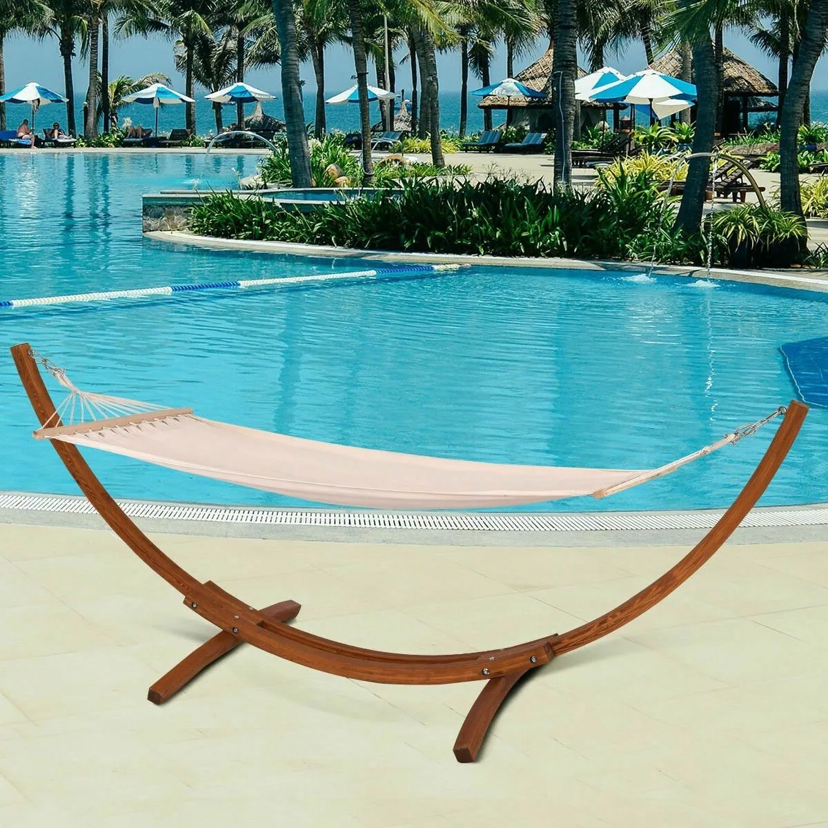 Outdoor 11.8-ft Modern Arc Hammock Stand with Beige Cotton Blend Hammock