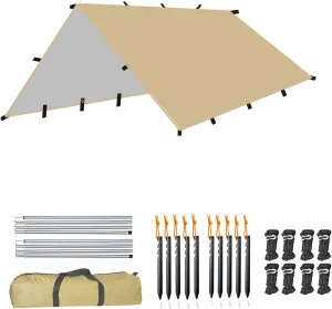 Outdoor Awning Canopy, 3x3m Waterproof Camping Tarp Tent, Shade Ground Mat, Garden Sunsn Shade, Ultralight Portable Camping Tarps for Hammock, Outdoor Activities