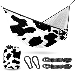 Outdoor Camping Hammock Cow Print Pattern Double Single Hammocks with 2 Tree Straps, Lightweight Portable Heavy Duty Nylon Hammocks for Backpacking Travel Beach Backyard Patio Hiking
