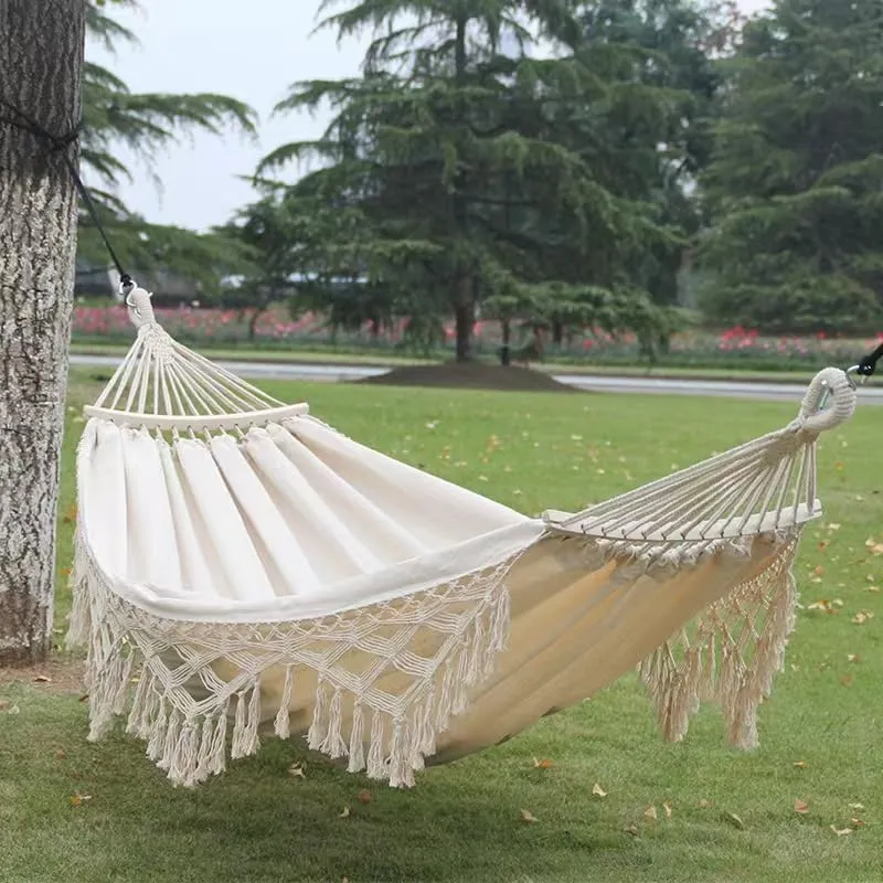 Outdoor Folding Camping Woven Canvas Swing Tassel Hammock (Blue)